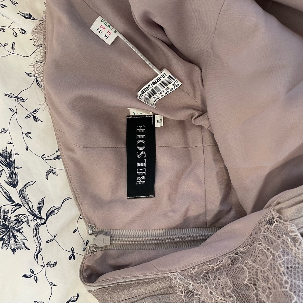 Belsoie Sleeveless Chiffon and Lace Prom Dress in Taupe/ Soft Beige - Picture 3 of 3
